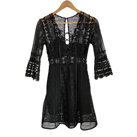 Self Portrait - Black Guipure Crochet Lace Up A-Line Dress - Size 0 - Picture 4 of 9